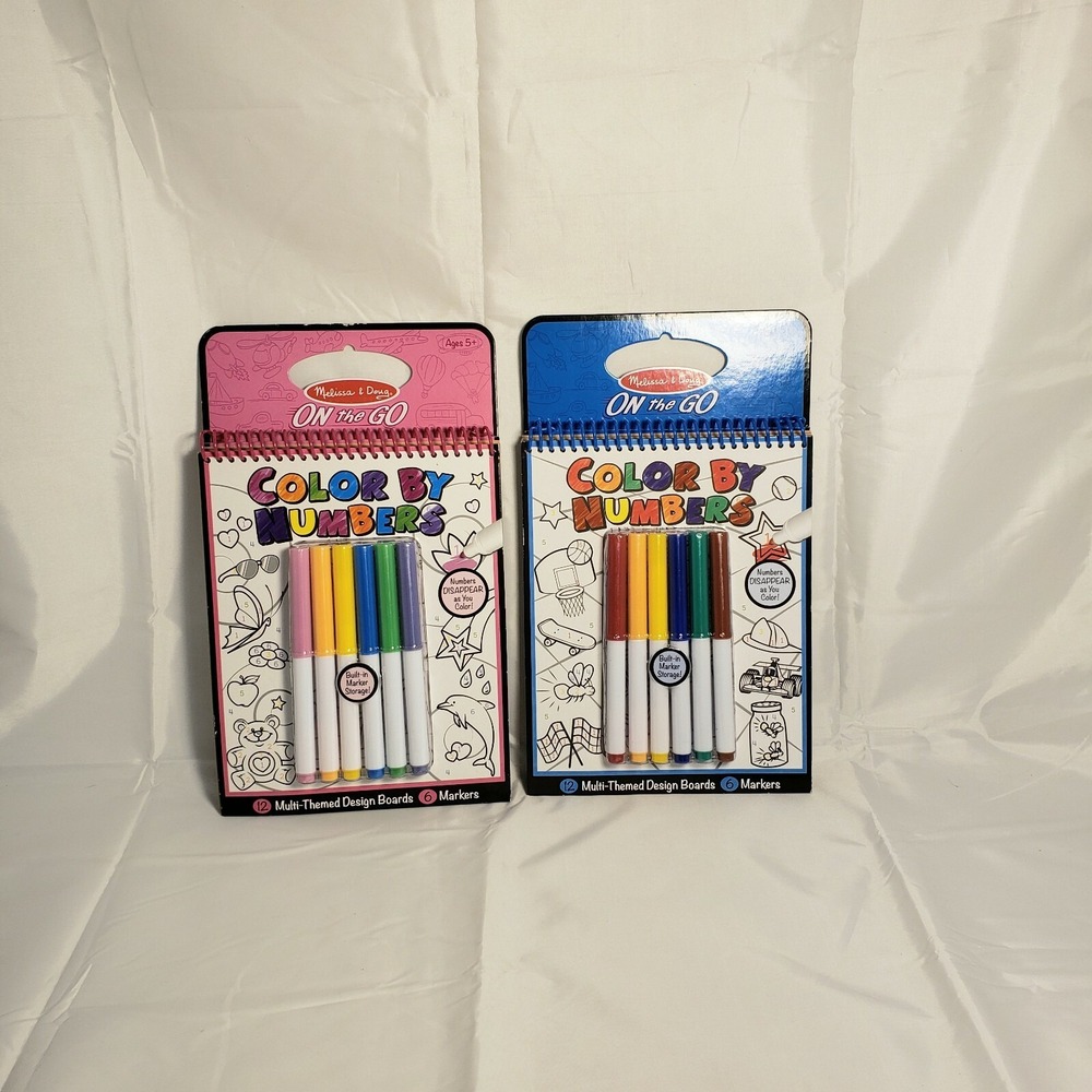 (2) Melissa And Doug On The Go Color By Number Coloring Books Pink Blue Activity